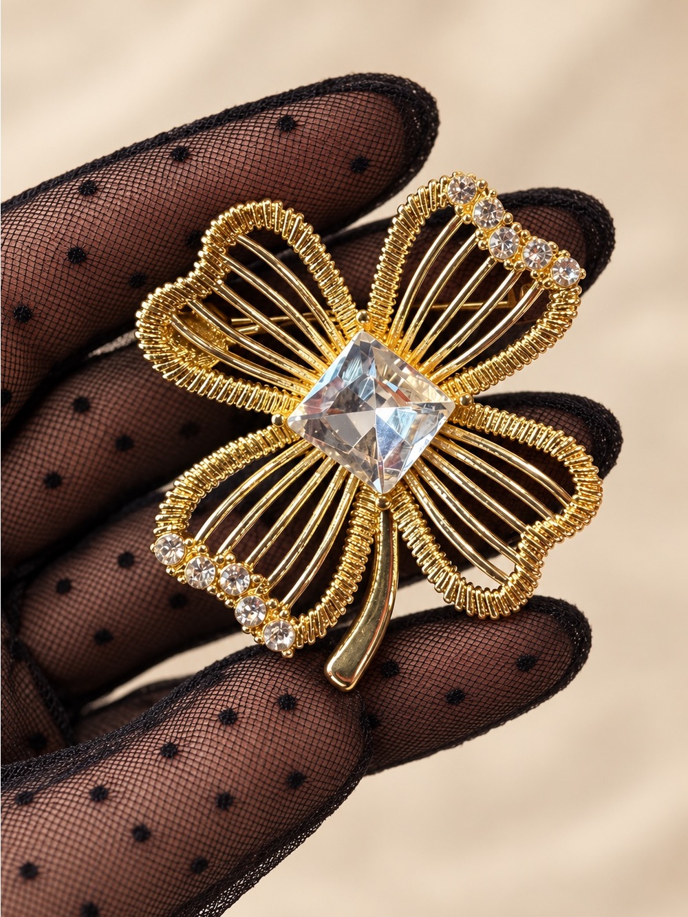 Gold Clover Crystal Brooch